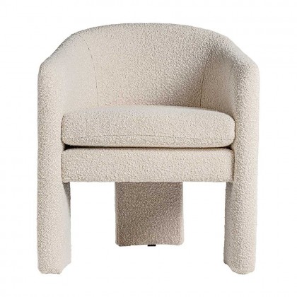 Sillón tapizado en tela bouclé blanco y estructura de madera de pino