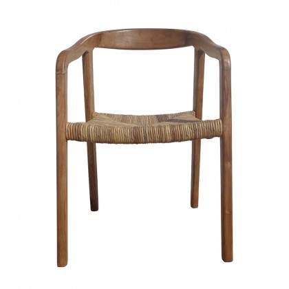 Silla comedor de madera de teca con reposabrazos y asiento de fibra de banano