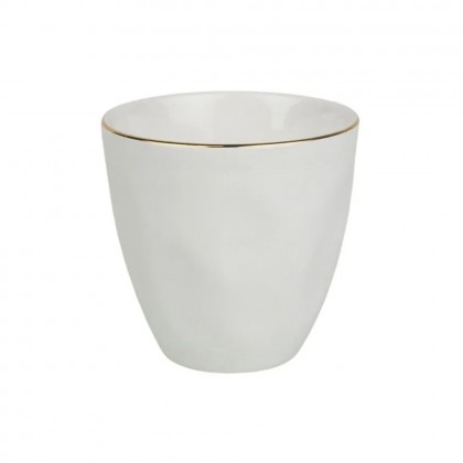 Taza de gres en color blanco con un borde dorado