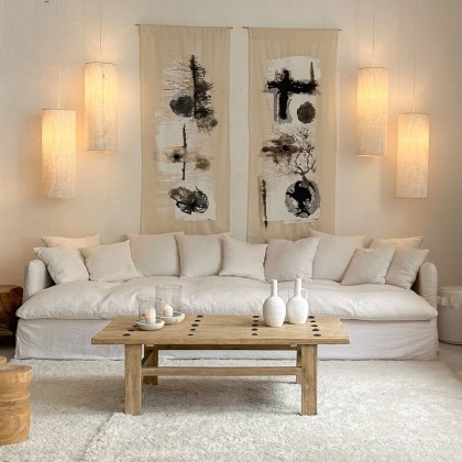 sofa lino de formas relajadas de estilo escandinavo - bohemio en diferentes medidas y acabados