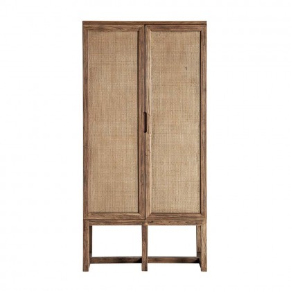Armario de madera de olmo marrón y puertas estilo rejilla con compartimentos