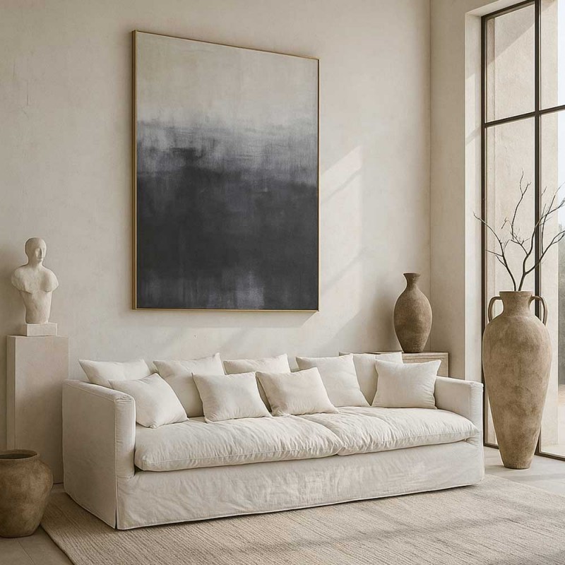 Obra de arte abstracto XL pintado sobre lienzo en tonos degradados de blanco azul intenso
