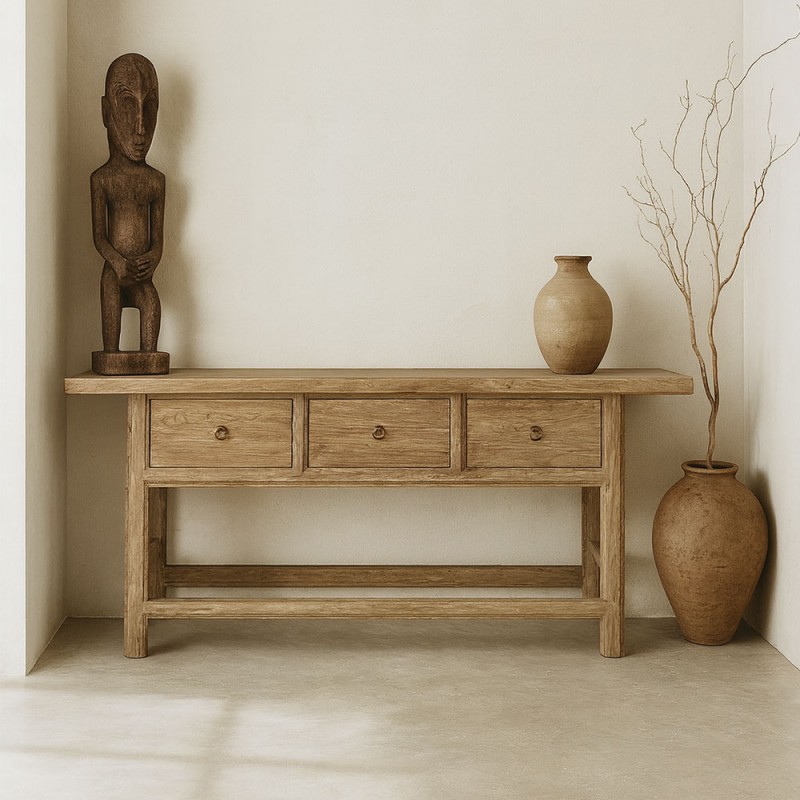 consola madera maciza de olmo antiguo con cajones