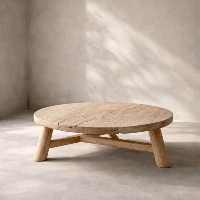 mesa de centro redonda en madera lavada de olmo puerta antiguas