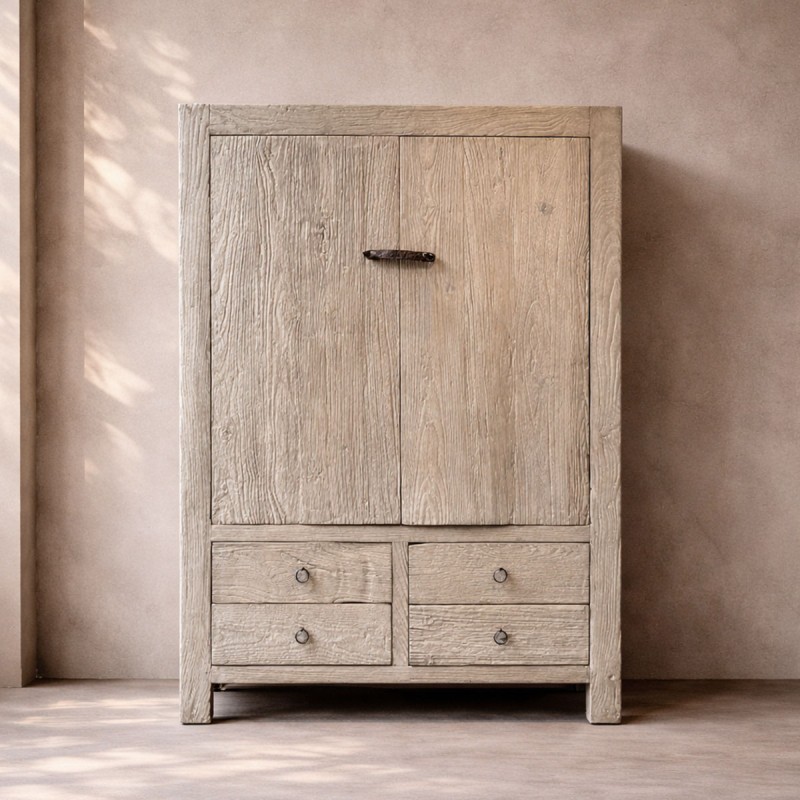 armario de 150 cm alto en madera antigua de olmo con dos puertas y cuatro cajones inferiores