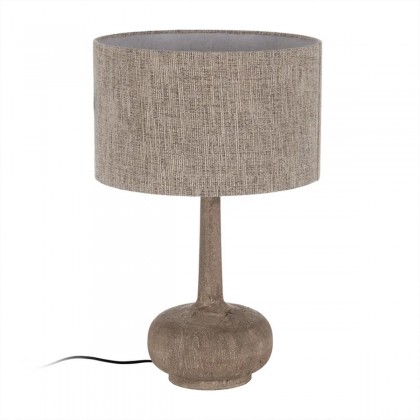 lámpara de mesa con base de madera de mango y pantalla téxtil marrón