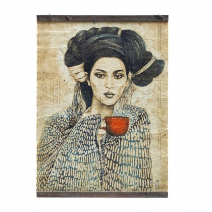 Arte mural impreso sobre papel reciclado texturizado - mujer con taza roja