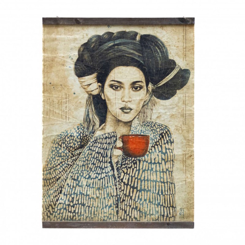 Arte mural impreso sobre papel reciclado texturizado - mujer con taza roja