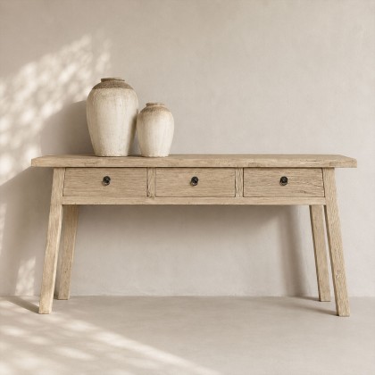 Consola de de madera maciza con tres cajones de madera de olmo recuperado