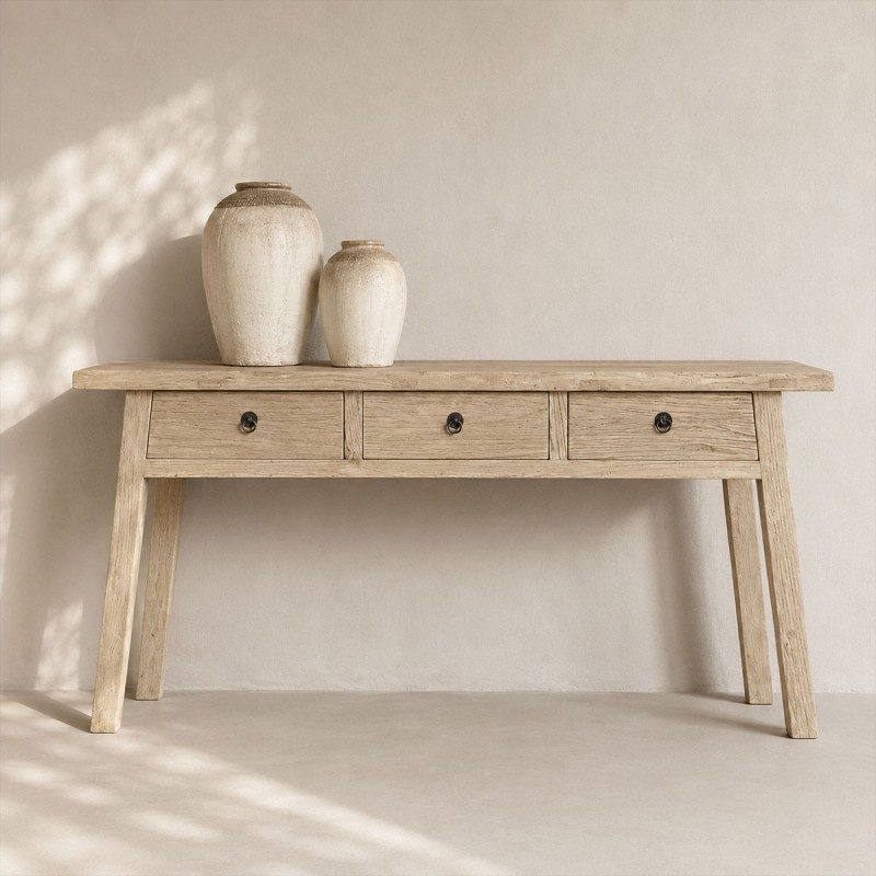 Consola de de madera maciza con tres cajones de madera de olmo recuperado