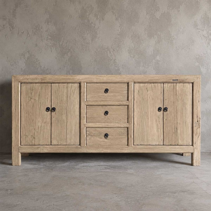 Aparador de madera de olmo recuperada, con 3 cajones y 2 puertas.