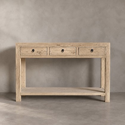 consola de madera maciza de olmo recuperado con tres cajones y una balda